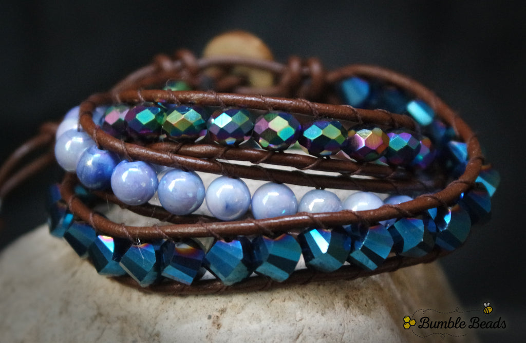 Blue Quartz and Brown Leather Hand Made Wrap Bracelet - Hill Tribe